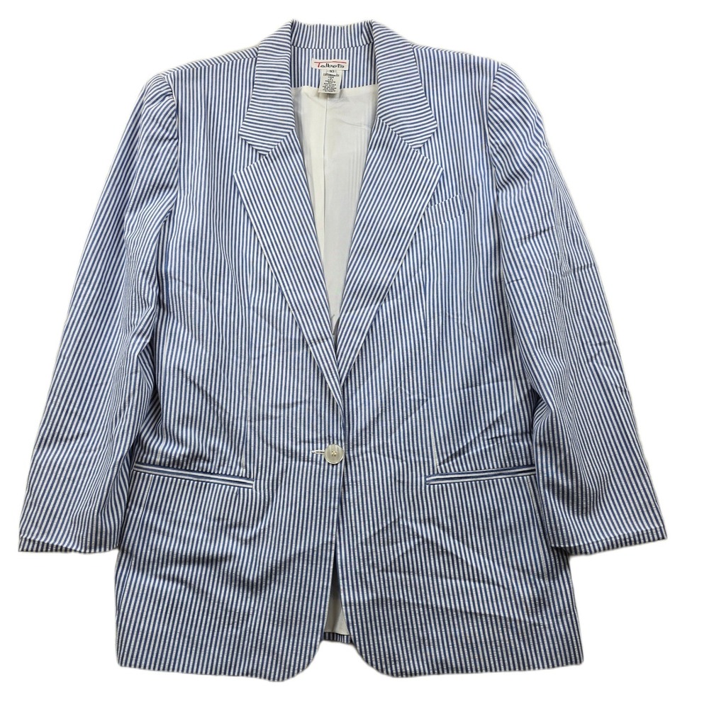 Talbots Seersucker Blazer Women 10 Blue White Cotton‎  Stripe Jacket USA Made